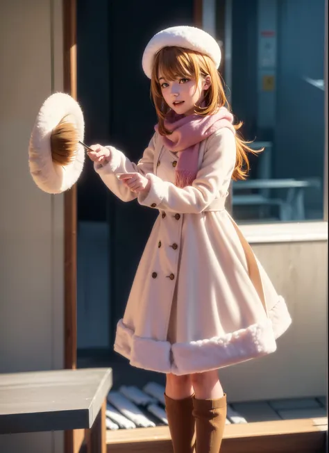 Irohaisshiki, isshiki iroha, Long Hair, Brown Hair, (Brown eyes:1.5), Hair between the eyes, Pink Hair,happy smile, smile, Open your mouth,Knthatted hat,Yellow coat,Whthate scarf,Whthate sweater,He has fluffy gloves on both hands...,Long skirt,Black Pantyh...