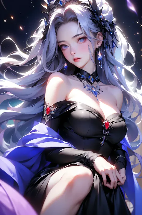 (masterpiece:1.5, Highest quality, Very detailed、 Dutch Angle、Semi-realistic、Fantasy)(One Girl, alone)(White and beautiful hair:1.6,,Straight Long Hair)(Dress in black tones、Fantasy Costume)、((Off the shoulder、Mid-chest、ruby ​​necklace))(Beautiful cleavage...