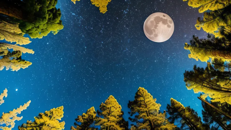 Vast landscape photography, (View from below。I can see the sky and the wilderness below.),  Standing in a flower garden and looking up, (full moon: 1.2), (meteor: 0.9), (Star Cloud: 1.3), Fir Mountain, Treebreak Production Art, (warm ...