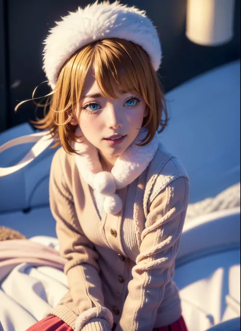 Irohaisshiki, isshiki iroha, Short Hair, Brown Hair, (Brown eyes:1.5), Hair between the eyes, Pink Hair,happy smile, smile, Open your mouth,Knitted hat,Yellow coat,White scarf,White Sweater,He has fluffy gloves on both hands.,Long skirt,Black Pantyhose,sho...