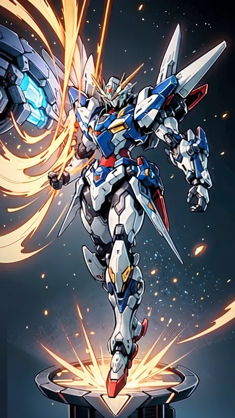 (masterpiece:1.5, best quality:1.5, extremely delicate:1.5), humanoid Mecha, fully enclosed shoulder guards, matching arm and leg guards, full body, full armor, the design balances heavy with agility, (the color scheme is primarily white with red and blue ...