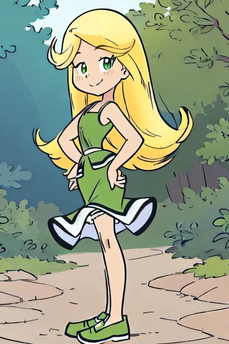 1girl, solo, blonde hair, long hair, dress, green dress, full body, hands on hips, forest, river, standing, shoes, bare shoulders, green footwear, smile, anime style
