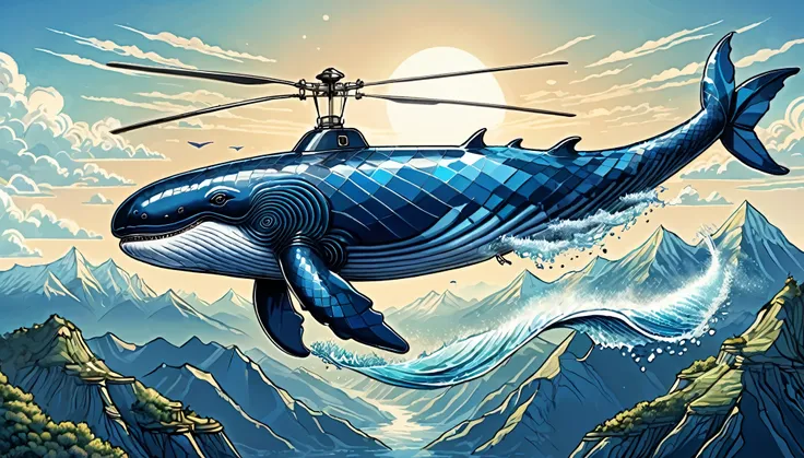 illustration of flying whale, fantasy, whale flying high in the sky with helicopter wings on its back, blue theme, flying with f...