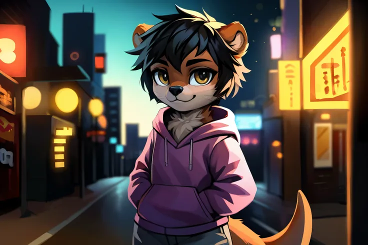 ((otter)), solo, nude, light brown fur, ((hazel eyes)), short hair, (black hair), light pink hoodie, light grey pants, standing,...