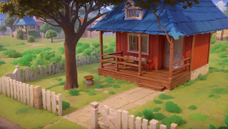 há umthe little house vermelha com telhado azul e uma cerca, 3d stylized scene, game graphics, the little house, citys, renderiz...