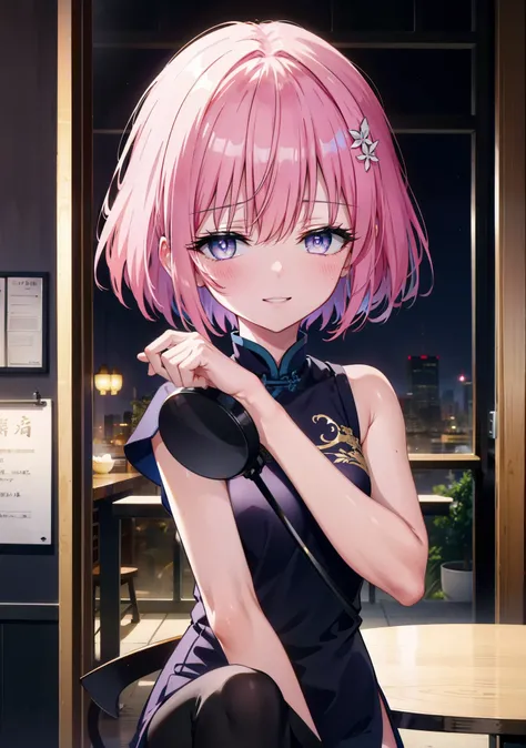 Momodebilke, Deviluke Type, demon tail, Hair Flower, hair ornaments, happy smile, smile, Open your mouth,blush,(Purple eyes:1.1), Pink Hair, short hair, tail, smile,Sleeveless china clothing,Long slit,Black pantyhose,Stiletto heels,Walking,Cafe, remainder,...