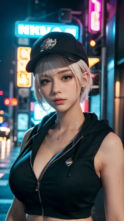 masterpiece, Highest quality, Very detailed, 8k, Realistic, One Girl, alone, Tomboy, Very detailed face, (head shot:1.5), Cyberpunk neon lit futuristic city、Neon lights illuminate the scene, at night, Cyberpunk art, 32K, Ultra HD, Unreal Engine Rendering, ...