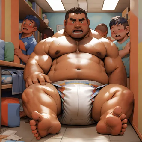 masterpiece, Top quality, in 32K, perfect anatomy, hyper detailed, super fine illustration, The thick man is a brutal prisoner, retarded, hairy human, 50yo in Japan, (fatness: 1.0), Fatty muscle, Bowleg, disappointment, incontinent, shy, sissy, Weaker than...