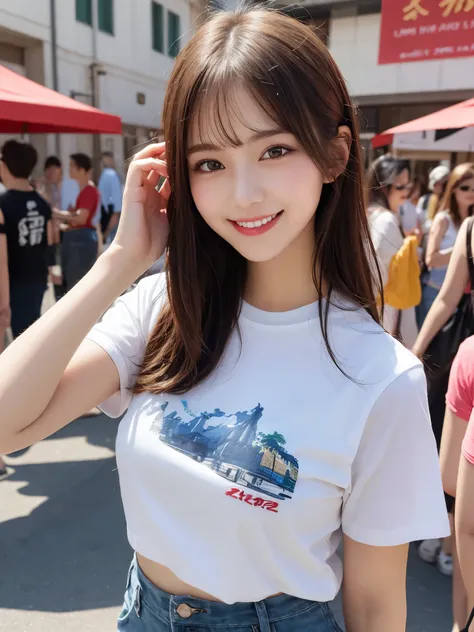 masterpiece, best quality, illustration, ultra-detailed, finely detailed, high resolution, 8K wallpaper, perfect dynamic composition, beautiful detailed eyes, summer festival, t-shirts, shorts, medium hair, small breasts, joyful expression, smile, looking ...