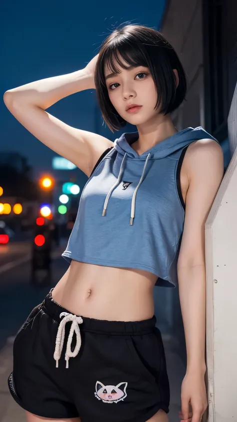 High resolution、1 female、girl、Black Hair、short hair、Slanted Eyes、blue eyes、thin、hoodie、fur、Tank top、Shorts、belly button、Tattoo stickers、Night view