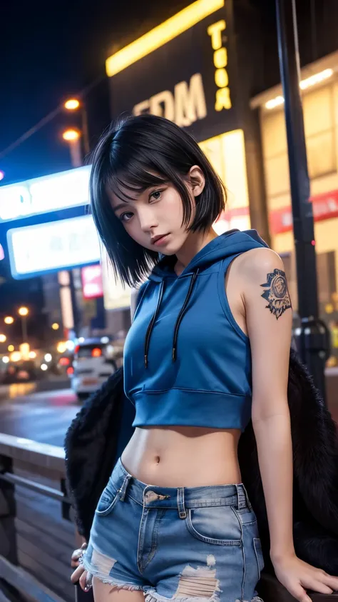 High resolution、1 female、girl、Black Hair、short hair、Slanted Eyes、blue eyes、thin、hoodie、fur、Tank top、Shorts、belly button、Tattoo stickers、Night view