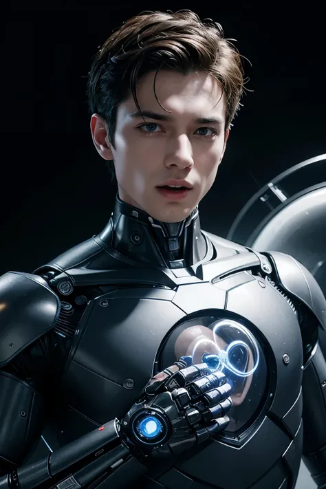 a robot man singing with a human face and a transparent circle on his chest showing a human heart