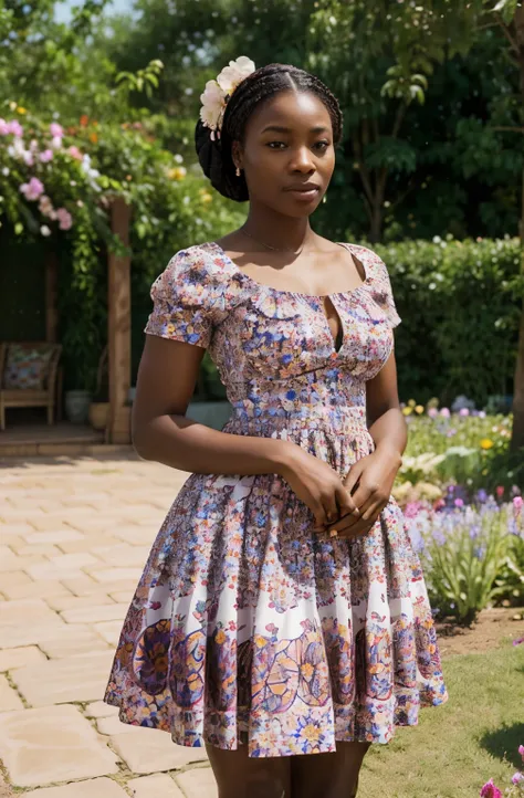 Create a realistic depiction of an African lady who is smartly dressed in beautiful floral dress, in a garden full of colorful flowers. Her outfit should prominently feature white and pink color . She should have a very thick build and appear realistic."