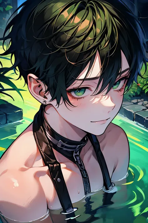 Beautiful young man,black hair, short hair, green eyes, Wet hair, Top Naked, pecs, abs, After taking a bath, steam, sink,High quality, amount of drawing, pixiv illustration,close-up Face,cheeks are red,(A shy smile).