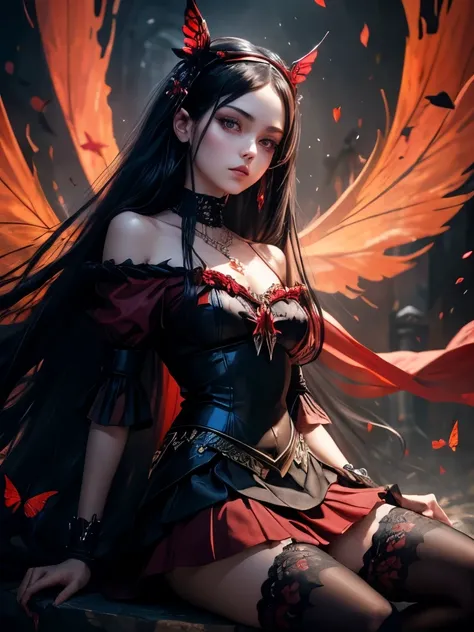 Expressionless,Ultra high definition,(Dark fantasy),((Great illustrations)),(Detail Splash), Long black hair, Red pupils, girl, Jet black dress, , The sleeves and skirt are dark red, A red butterfly barrette is attached to the side of her ear., masterpiece...