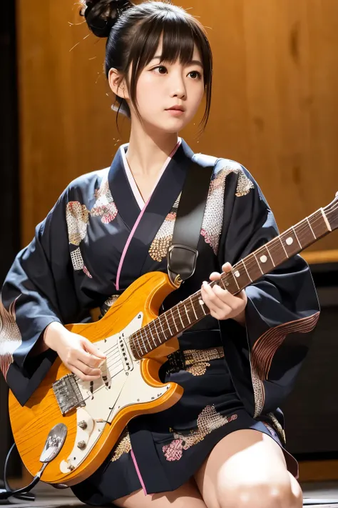 A Japanese woman playing an electric guitar, wearing a kimono, her clothes are messy, she is in a performance pose, her hair is up and there are loose strands, her bare legs are visible from the hem of her outfit, her whole body