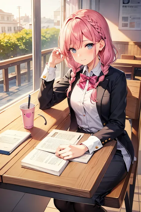 Cafe,One Girl,Complicated hairstyle,Braided hair,Pink Hair,Sparkling Eyes,Thoughtful face,work,computer,pocket book,Ballpoint pen,File,