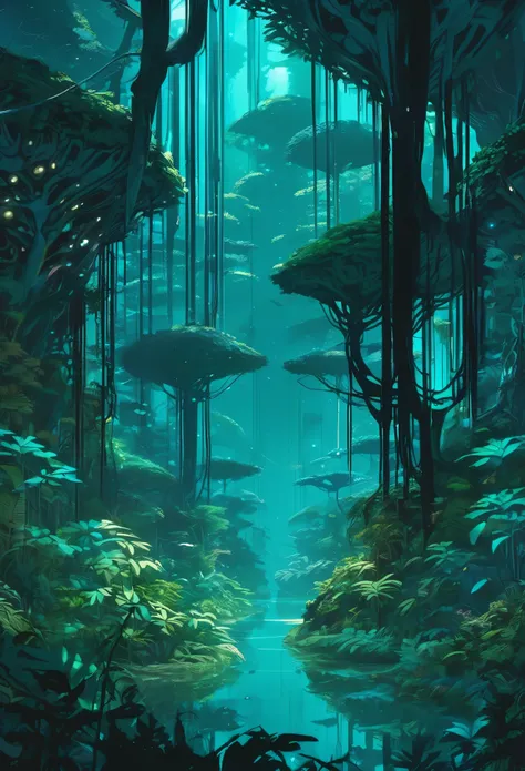 Jungle Canopy, Countless layers of canopy and vines creating a multi leveled jungle of bioluminescent alien night, Bioluminescent jungle canopy, Turquoise and Black color scheme only, Turquoise and Black colors only, Turquoise and Black, Made in Abyss, Sto...