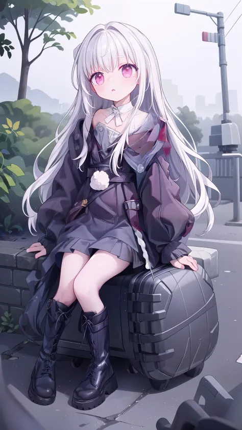 (masterpiece), best quality, 1 girl, solitary, Clara, Collapse_Star_rail, White hair, outdoor, whole body, barefoot, White long hair，Red Eyeshadow Costume，White lace-up boots（1.2）