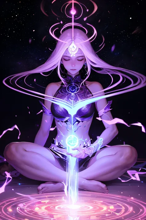 Seven-color glow stick interference, purple hue ethereal surreal, translucent energy woman, buff glowing wise monk, hot oil cooling meditation, chakra protection, cosmic meditation, unreal matter