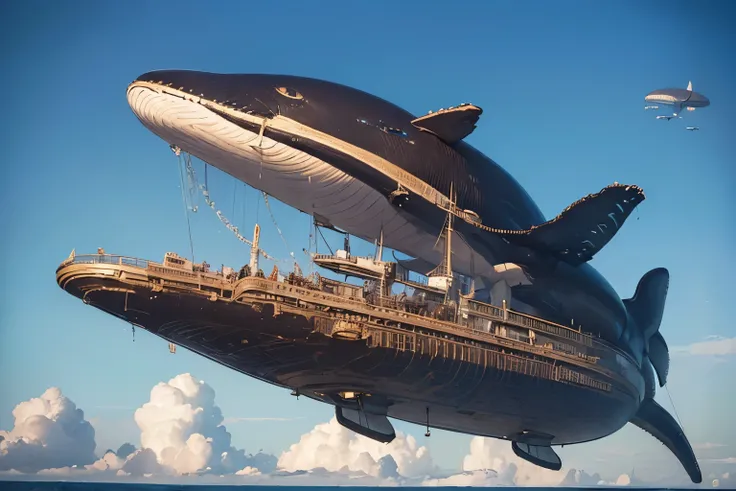 (remote々A whale-shaped airship flying in the sky:1.4), A large steampunk airship floating in the sky,steampunk concept art, Detailed steampunk illustration, Steampunk design