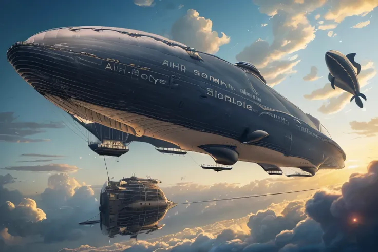 (remote々A whale-shaped airship flying in the sky:1.4), A large steampunk airship floating in the sky,steampunk concept art, Detailed steampunk illustration, Steampunk design