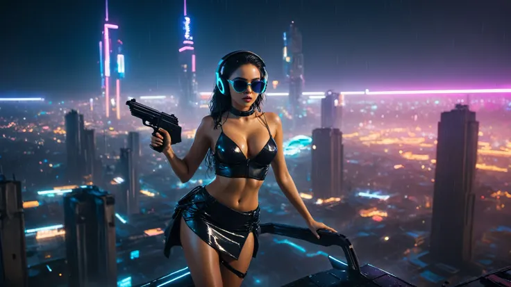 (aerial view, a flying cars docking platform, a very dark abandoned futuristic city, neon lights), rainy night. (((1girl, solo, alone))), large-breast:1.2 slim body, cleavage:1.1, sexy wind blowing wet dress:1.4, (((headphone, black sunglasses, standing an...