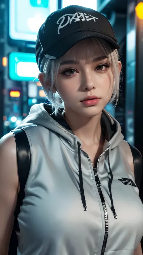 masterpiece, Highest quality, Very detailed, 8k, Realistic, One Girl, alone, Tomboy, Very detailed face, (head shot:1.5), Cyberpunk neon lit futuristic city、Neon lights illuminate the scene, at night, Cyberpunk art, 32K, Ultra HD, Unreal Engine Rendering, ...