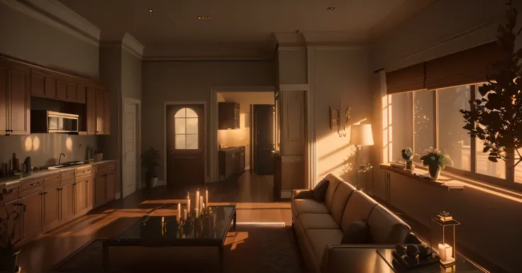 Side view of the living room，Features a sofa and table, 8K Sensual Lighting, Stunning rendering, Unreal Engine ; Romantic Theme, Rendering in Lumion Pro, Unreal Engine realistic render, octane render Unreal Engine 8 k, rendered in Unreal Engine 5, Unreal E...