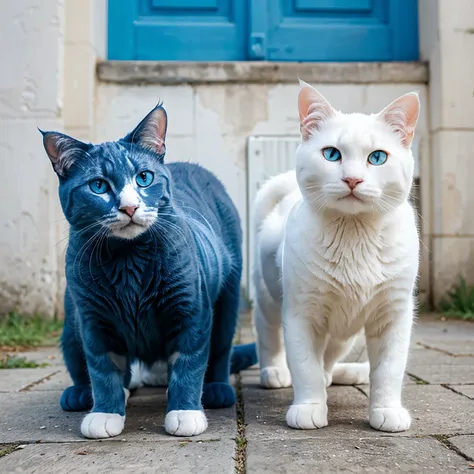 white cat, blue cat