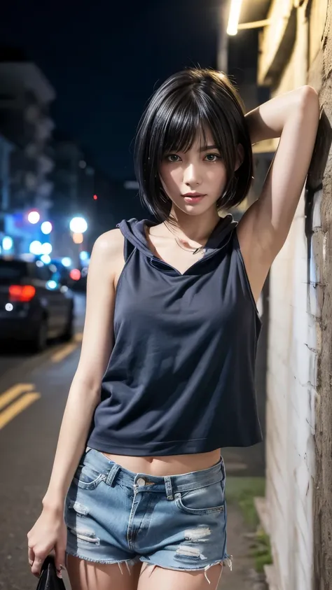 High resolution、1 female、girl、Black Hair、short hair、Slanted Eyes、blue eyes、thin、hoodie、fur、Tank top、Shorts、belly button、Tattoo stickers、Night view