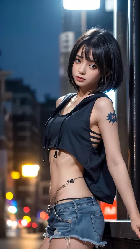 High resolution、1 female、girl、Black Hair、short hair、Slanted Eyes、blue eyes、thin、hoodie、fur、Tank top、Shorts、belly button、Tattoo stickers、Night view