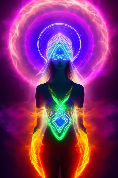 Seven-color glow stick interference, purple hue ethereal surreal, translucent energy woman, buff glowing wise monk, hot oil cooling meditation, chakra protection, cosmic meditation, unreal matter