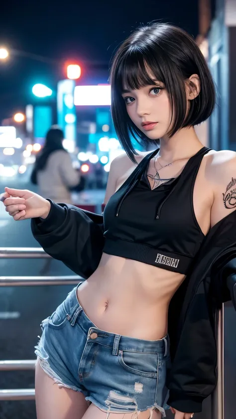 High resolution、1 female、girl、Black Hair、short hair、Slanted Eyes、blue eyes、thin、hoodie、fur、Tank top、Shorts、belly button、Tattoo stickers、Night view