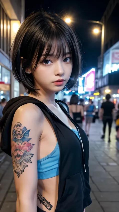 High resolution、1 female、girl、Black Hair、short hair、Slanted Eyes、blue eyes、thin、hoodie、fur、Tank top、Shorts、belly button、Tattoo stickers、Night view