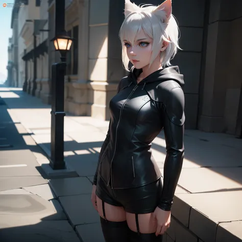 1 girl, character with cat ears, silver hair, short hair, beautiful detailed eyes, beautiful detailed lips, extremely detailed eyes and face, long eyelashes, wearing black hooded outfit, thigh-high stockings, garters, short shorts, (best quality,4k,8k,high...