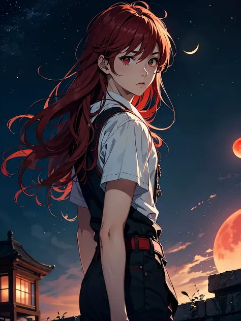  火. 火rote Haare. Red hair. Red eyeliner. Red Moon. More anime. male. Long hair. Boy.