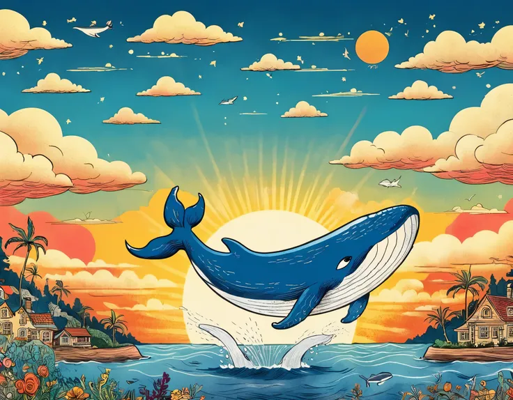 A beautiful, whimsical whale soaring through the sky, surrounded by a stunning sunrise, detailed clouds, and a delicate outline, in a charming, vintage comic book style with an Outsider Art aesthetic, (best quality,4k,8k,highres,masterpiece:1.2),ultra-deta...