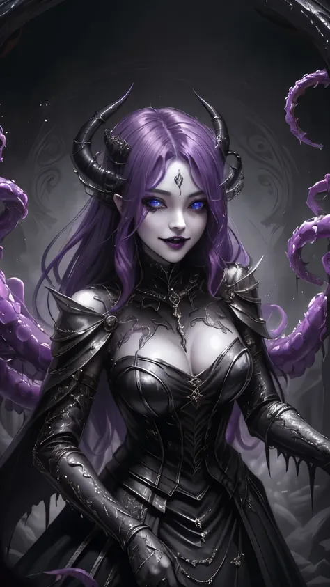 Esoteric arachnids lady, Spider Queen Elise, League of Legends, Esoteric arachnids, Combat Stance, ( body formed from metallic mauveine and metallic black liquid metallic paint twisting into a beautiful interpretation of the female figure), length, Sharp F...