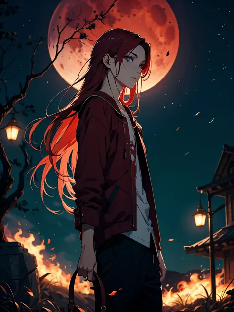 火. 火rote Haare. Red hair. Red eyeliner. Blood Moon. More anime. male. Long hair. Boy.