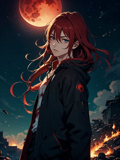 Blaues 火. 火rote Haare. Red hair. Red eyeliner. Blood Moon. More anime. male. Long hair. Boy.