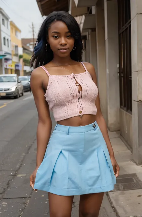 Create a realistic depiction of a 23 year old African lady who is smartly dressed in beautiful crotchet skirt and crop top, holding a pink purse, in a street standing on the road side. Her outfit should prominently feature white and blue color . She should...