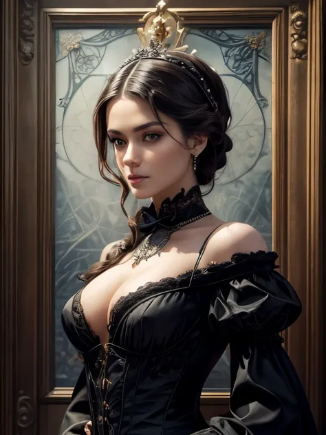 (Absurd, High resolution, Very detailed), 1 female, Iris, Brown Hair, Scholarly temperament, All-black formal wear, Victorian costume, Black elegant, (Cold Beauty: 1.2), Cat-like temperament, Adult, good looking, Thin woman, Shapely breasts, Beautiful eyes...