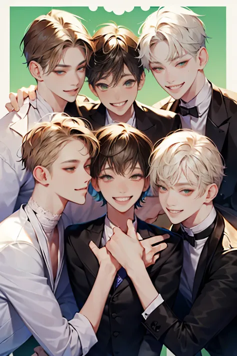 Friends, 3 boys, 1 girl, brothers, different hair color, short dark hair and brown eyes, short blonde hair and green eyes, short brown hair and brown eyes, side by side, suit, smile, white clothe, 25 years old