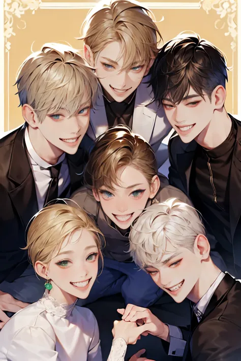 Friends, 3 boys, 1 girl, brothers, different hair color, short dark hair and brown eyes, short blonde hair and green eyes, short brown hair and brown eyes, side by side, suit, smile, white clothe, 25 years old