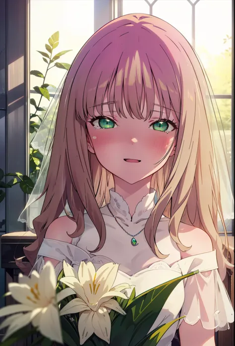 minami yume ,sss Dynazenon ,Long Hair, Brown Hair, (Green Eyes:1.5) ,blush,happy smile, smile, Open your mouth,Off-the-shoulder wedding dresses,necklace,Veil,bouquet,Close both eyes,Tears stream down her face,Tears of joy,I cry a lot,　　　　　　　　　　　　 
 break l...