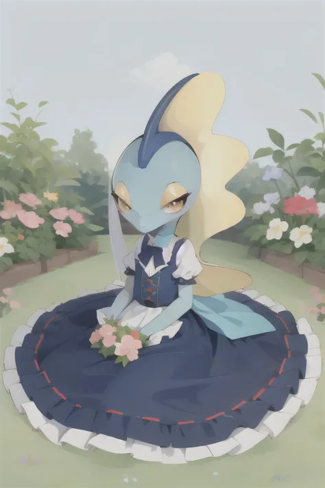 Adorable Inteleon, lolita dress, garden background, blue skin, chibi