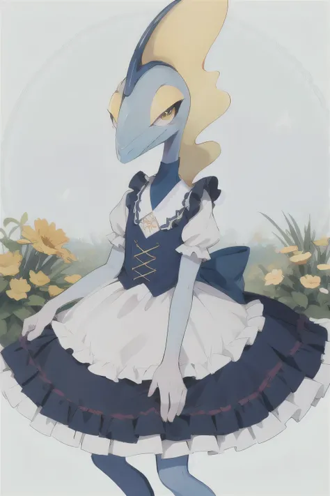 Adorable Inteleon, lolita dress, garden background, blue skin