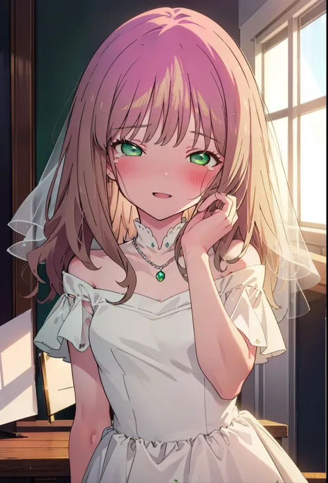 minami yume ,sss Dynazenon ,Long Hair, Brown Hair, (Green Eyes:1.5) ,blush,happy smile, smile, Open your mouth,Off-the-shoulder wedding dresses,Wedden Skirt,necklace,Veil,bouquet,Close both eyes,Tears stream down her face,Tears of joy,I cry a lot,　　　　　　　　　...