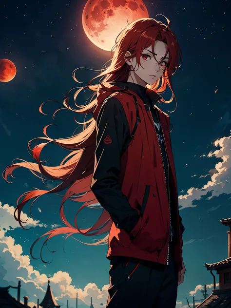 火. 火rote Haare. Red hair. Red eyeliner. Blood Moon. More anime. male. Long hair. Boy.